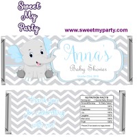 Blue and Grey Elephant Baby Shower candy bar wrappers,(7ebb)